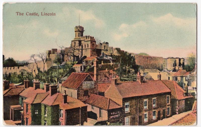 Lincoln; The Castle PPC, 1907 PMK, Shows R. Ellis Brewery on Drury Lane