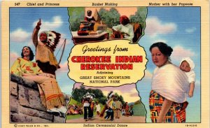 1941 Greetings from Cherokee Indian Reservation Cherokee NC Postcard