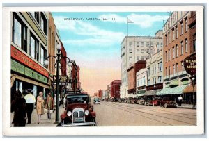 c1940s Broadway Lamppost Cars Scene Aurora Illinois IL Unposted Vintage Postcard