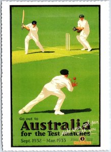 VINTAGE CONTINENTAL SIZE POSTCARD REPRODUCTION OF AUSTRALIA TEST MATCHES POSTER