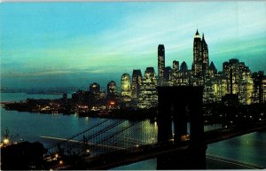 Nightfall in Lower Manhattan with Brooklyn  Bridge New York City Postcard