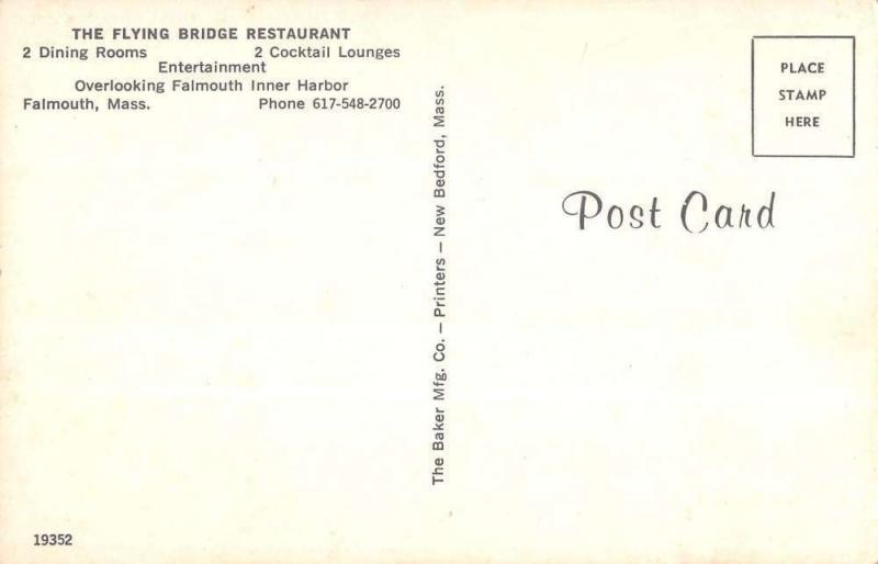 Falmouth Massachusetts Flying Bridge Restaurant Vintage Postcard K38239