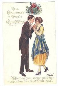 Couple under Christmas Holly , PU-1922