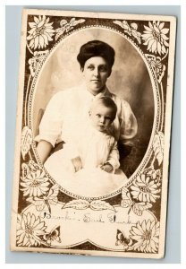 Vintage 1914 RPPC Postcard - Studio Portrait Woman & Child Nice Border Named