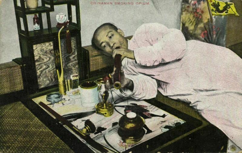 china, Native Chinese Opium Smoker, Imperial Flag (1910s) Postcard