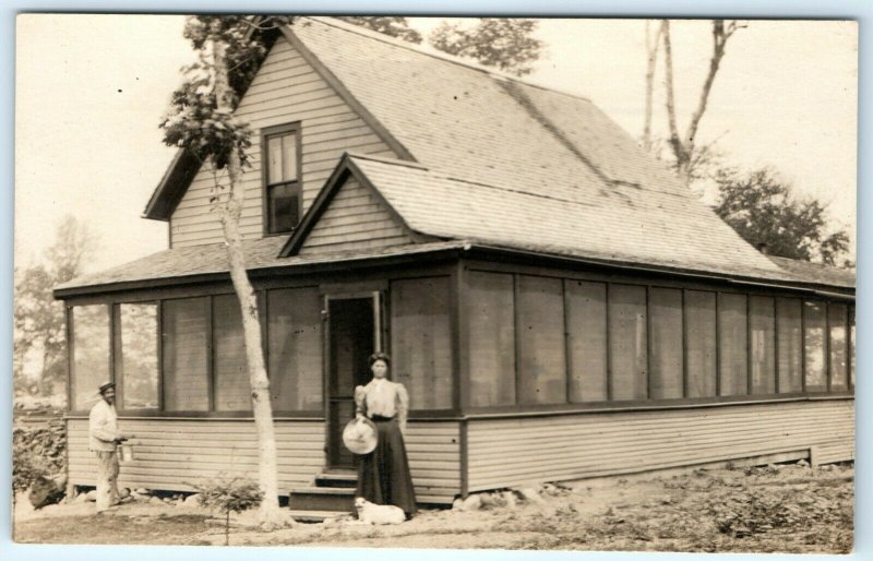 c1910s Pretty Woman in Dress w/ Dog & House Painter RPPC Real Photo A8