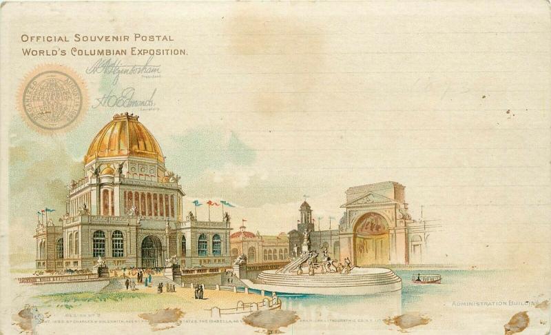 VIEW ADMINISTRATION BUILDING POSTAL CARD 1893 WORLDS COLUMBIAN EXPOSITION FAIR