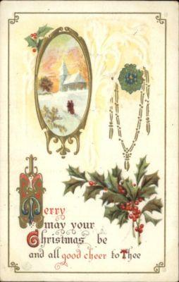 Christmas Holly Berries Church Winter c1910 Postcard