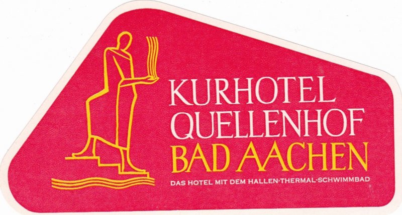 Germany Bad Aachen Kurhotel Quellenhof Red Vintage Luggage Label sk3989