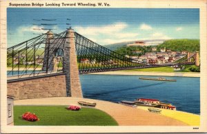 Suspension Bridge Looking Toward Wheeling West Virginia Postcard 1940