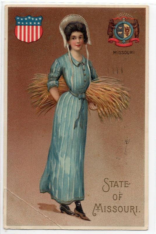 Missouri Lady & State Crest Antique Postcard (J5231)