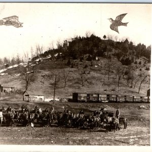 c1910s Photo Edited w/ Wright Biplane RPPC CBQ Burlington Railway Carriages A155