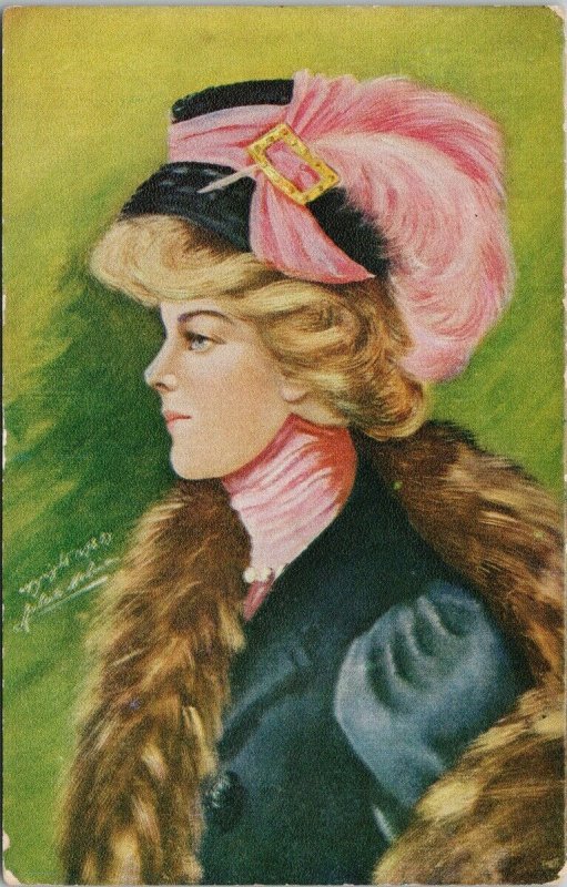 Portrait of Blonde Woman Pink Hat c1908 Postcard F98