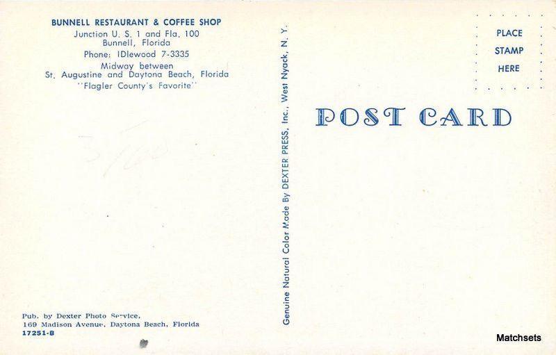 1960's  Bunnel Restaurant Coffee Shop Dexter Florida postcard 12051