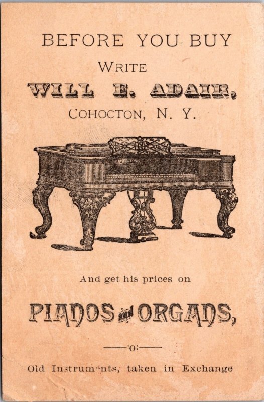 Vintage Cute Little Kitten Music Piano & Organ Center Trade Card Cohocton N.Y