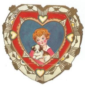 2 Die Cut Heart Shaped Valentine's Day Cards Kids at Party/Clown & Boy with Dog