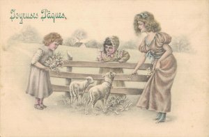 Happy Easter Vienna Style Kids With Lambs Vintage Postcard 03.34