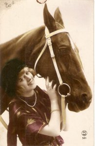 pRETTY LADY WITH HER HORSE oLD VINTAGE fRENCH POSTCARD