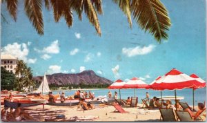 Postcard Hawaii Waikiki Beach - beach umbrellas diamond head United Airlines