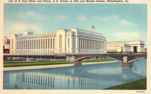 Vintage Postcard 1920's US Post Office & Penna. RR Station Market Sts. Phil. PA