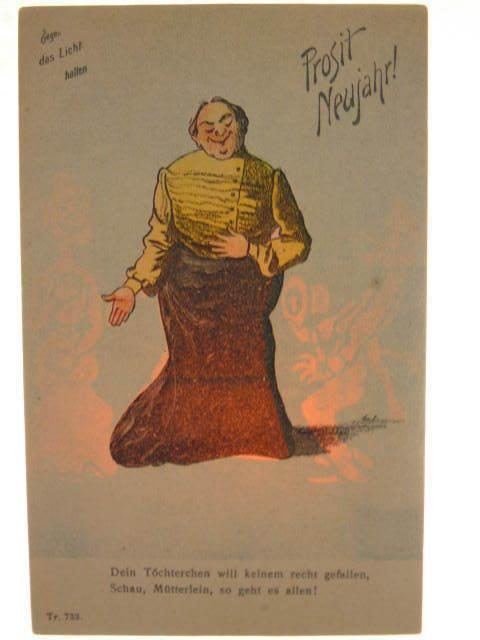 New Year German Comic of Woman Transparency Hold To Light HTL c1905 Postcard