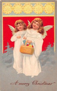 Christmas Greetings Angels with Basket Vintage Postcard JF685823