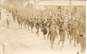 RPPC Military US Army 1914, Soldiers Marching, Wagon, Rifles TX-Mex Border War?