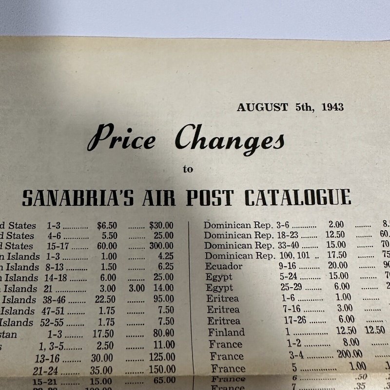 Vintage 1943 Sanabria's Air Post Catalogue Price Changes flyer paper ephemera