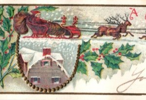 1880s-90s Victorian Holiday Christmas Label Cards Santa Sleigh Reindeer F124