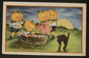 1910s Halloween Postcard Jack-O'-Lantern Kids Apple Bobbing, Scared Black Cat