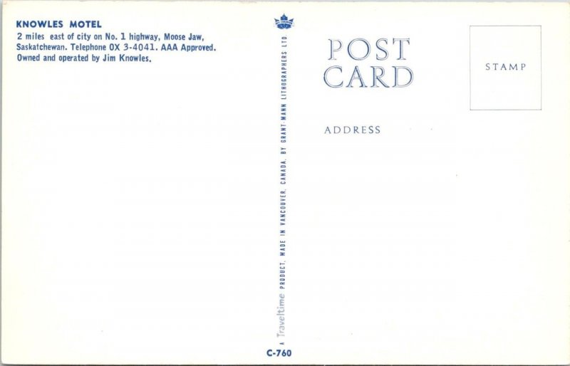 Moose Jaw, Saskatchewan Canada  KNOWLES MOTEL  ca1950's Chrome ROADSIDE Postcard