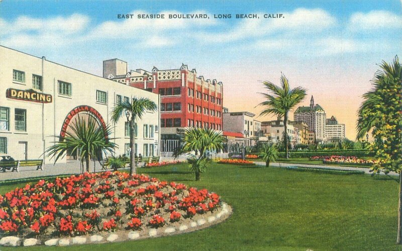 Long Beach California East Seaside Blvd the Pike Linen Postcard Dancing Sign