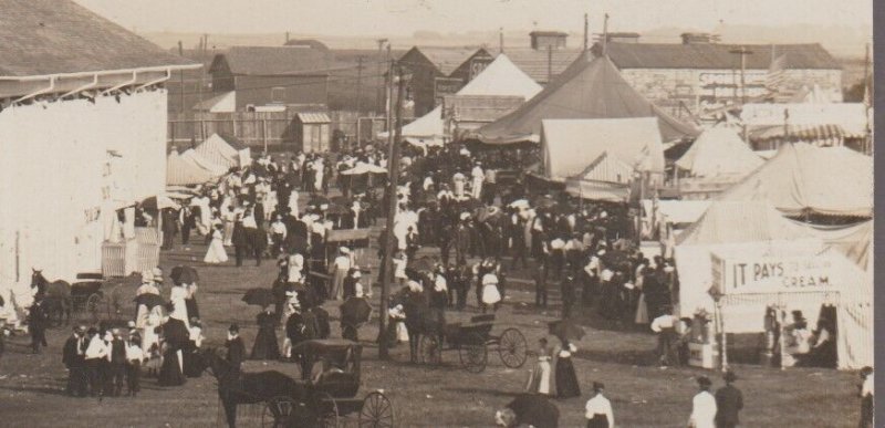 Mason City IOWA RPPC 1908 COUNTY FAIR Sideshow Tents Booths HARNESS HORSE RACE 