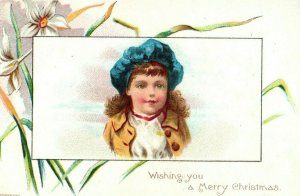 Victorian Christmas Trade Card Wishing You a Merry Christmas Girl in Hat P49