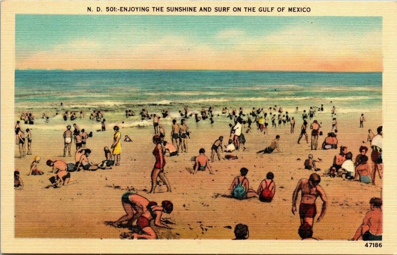 Enjoying Sunshine Surf Gulf Mexico Beach Swimming Sunset Linen Postcard VTG UNP 