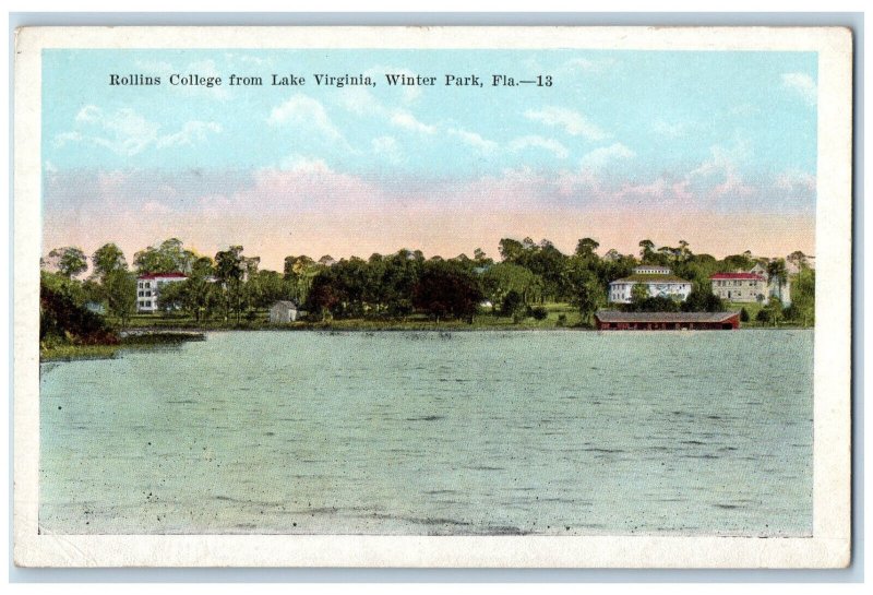 c1920's Rollins College from Lake Virginia Winter Park Florida FL Postcard