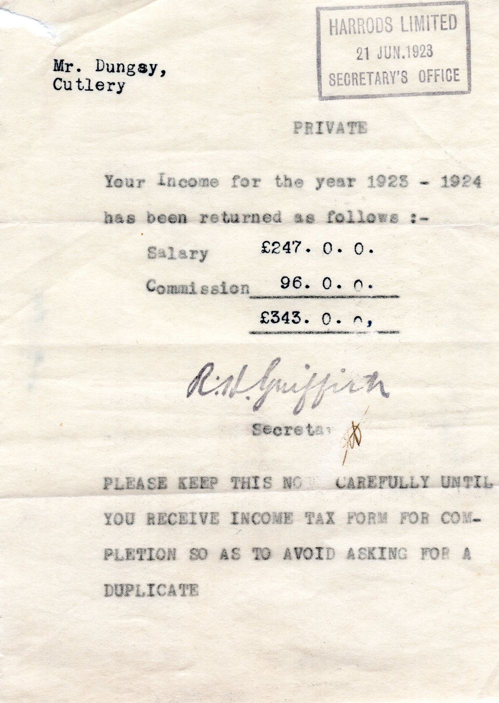 Harrods Cutlery Department Staff London Antique 1920s Salary Receipt Topics Other, Postcard