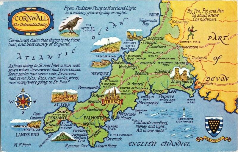 Cornwall The Delectable Dutchy Map UK UNUSED Vintage Postcard D98