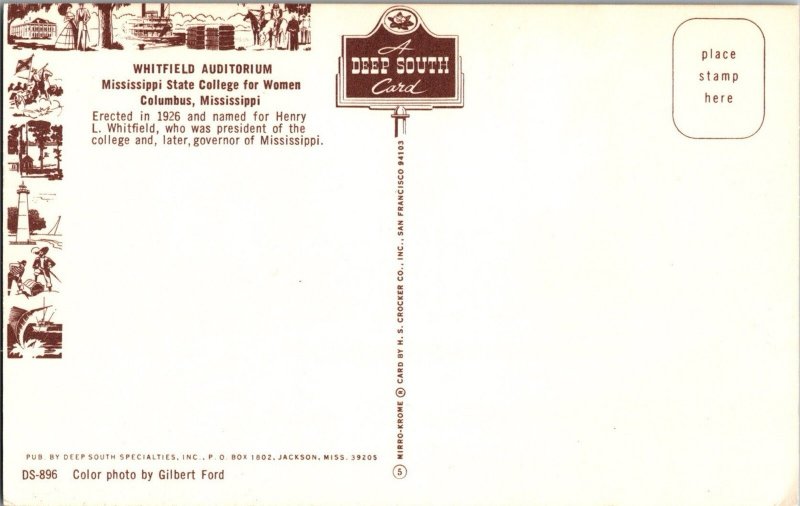 Postcard Mississippi State College for Women Whitfield Auditorium Columbus KH6