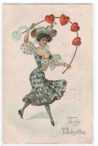 Woman With Heart Hoop Valentine Day 1908 postcard