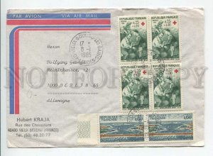 446620 FRANCE 1985 air mail real posted to GERMANY Red Cross block 4 stamps