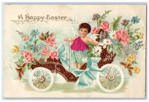 Easter Angel Car Daisy Roses Flowers Embossed Iowa City IA Silk Felt Postcard