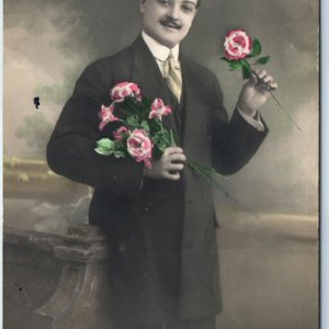 c1910s French Handsome Young Man Rose Flower RPPC 16 yo Mug Real Photo PC A136