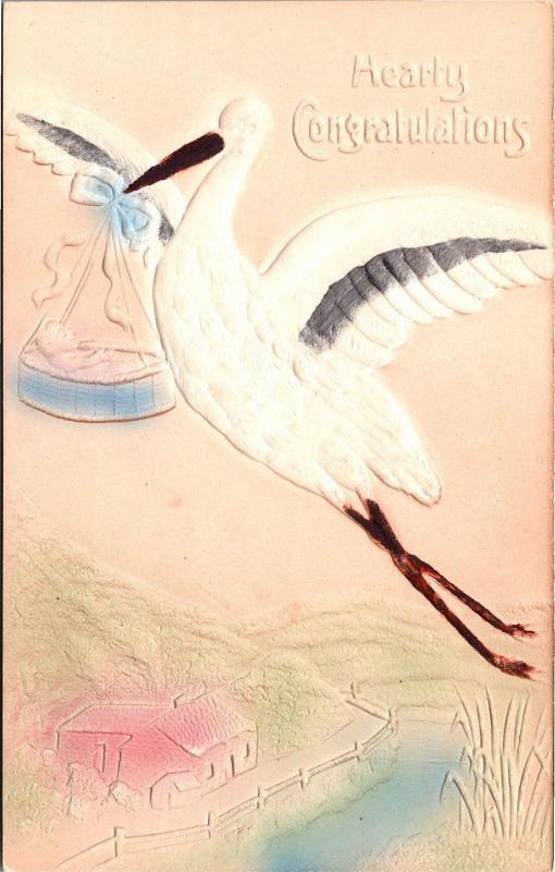 Stork Delivering a Baby, Congratulations Embossed Vintage Postcard L20