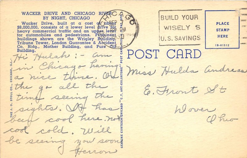 Chicago Illinois 1950 Postcard Wacker Drive & Chicago River at Night