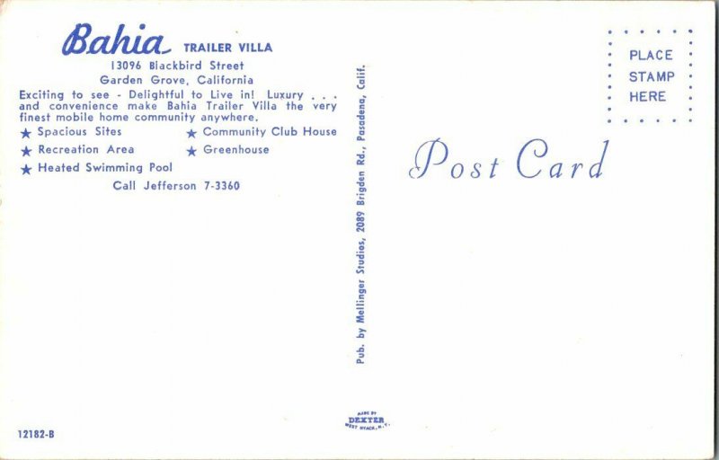 Bahia Trailer Villa Garden Grove California Vintage Postcard Standard View Card 