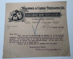 1894 WILLIAMS & CLARK FERTILIZER CO High Grade Bone Chemicals NYC Letterhead