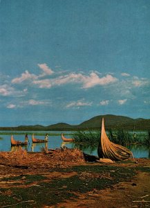 VINTAGE CONTINENTAL SIZE POSTCARD REED BOATS ON LAKE MARGERITA ETHIOPIA