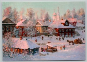 RUSSIAN PEASANT VILLAGE Snow Winter Horse Carriage CHURCH New Unposted Postcard