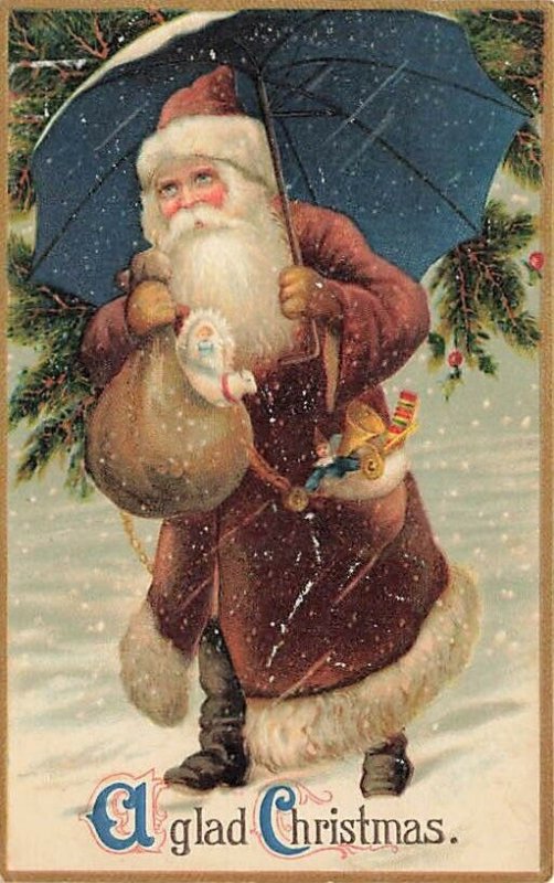 A Glad Christmas  Brown Suited Santa Claus Postcard